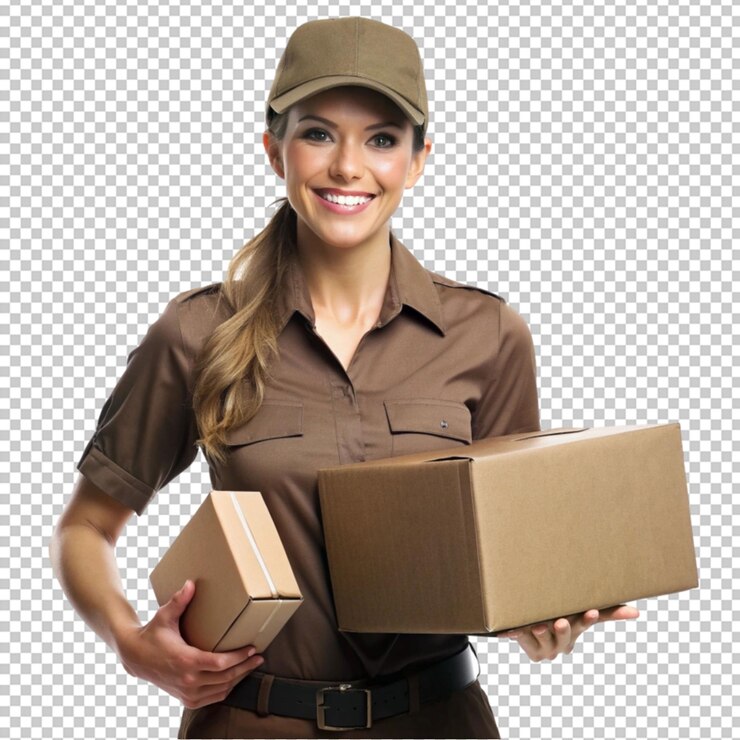 PSD psd de una mujer de entrega de ups aislada en un fondo transparente