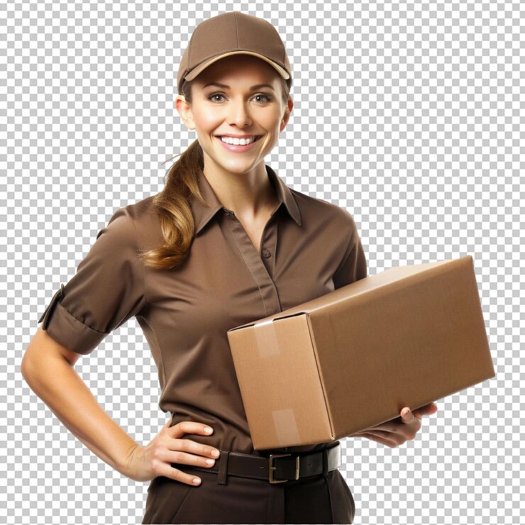 PSD psd de una mujer de entrega de ups aislada en un fondo transparente