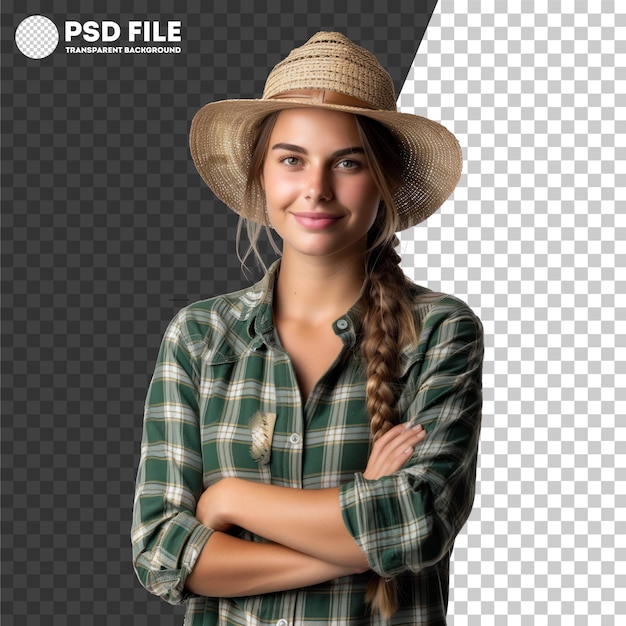 PSD psd mujer joven sonriente con mono de vaqueros y sombrero de paja sobre un fondo transparente