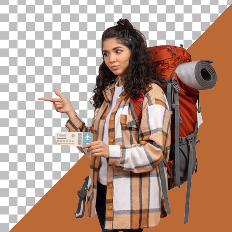 PSD psd una mujer con una mochila roja apuntando a un mapa que dice viajar con fondo transparente