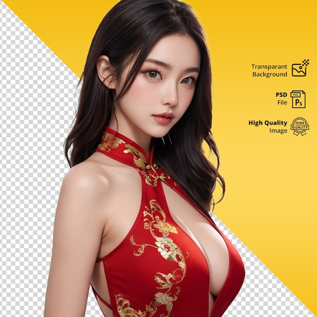 Psd una mujer o chica china en un fondo amarillo con un deseo en el frente año nuevo chino