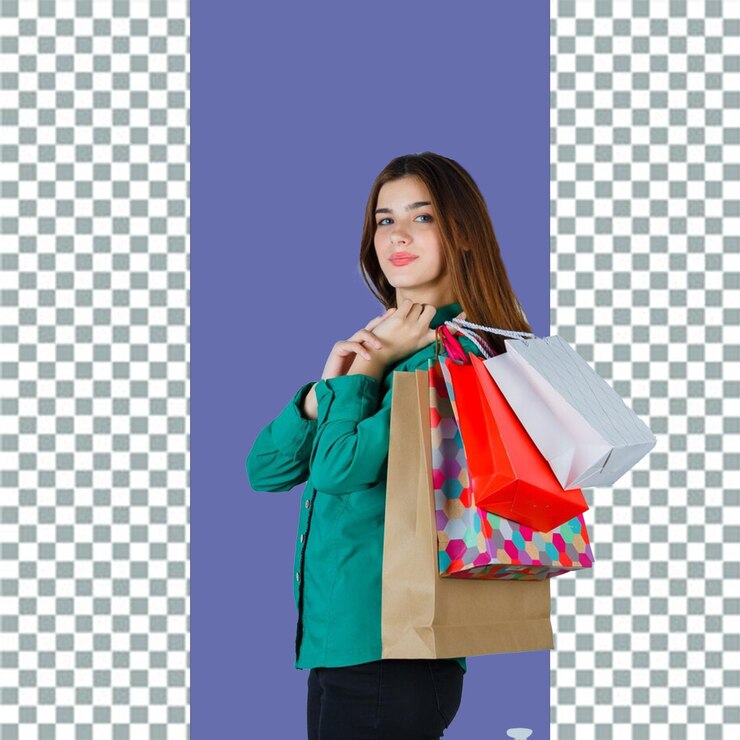 PSD una mujer sosteniendo una bolsa de compras con la palabra compras en ella con fondo transparente