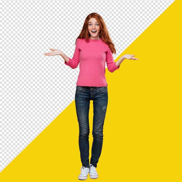 PSD psd una mujer con un suéter rosa está de pie frente a un amarillo con fondo transparente
