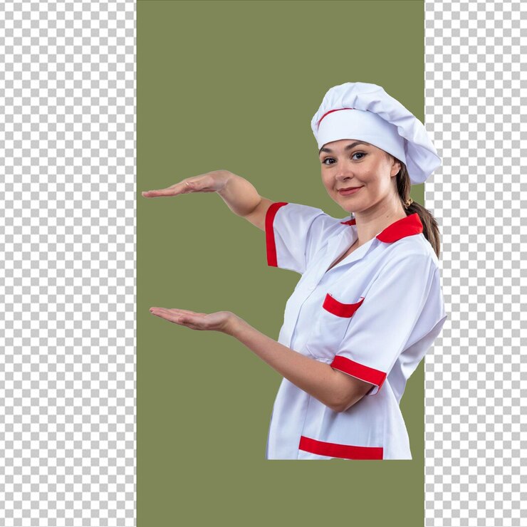 PSD una mujer en un uniforme de chef con una franja roja en su camisa con fondo transparente