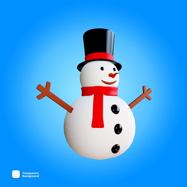 Psd muñeco de nieve 3d con pañuelo rojo con sombrero negro y manos de madera