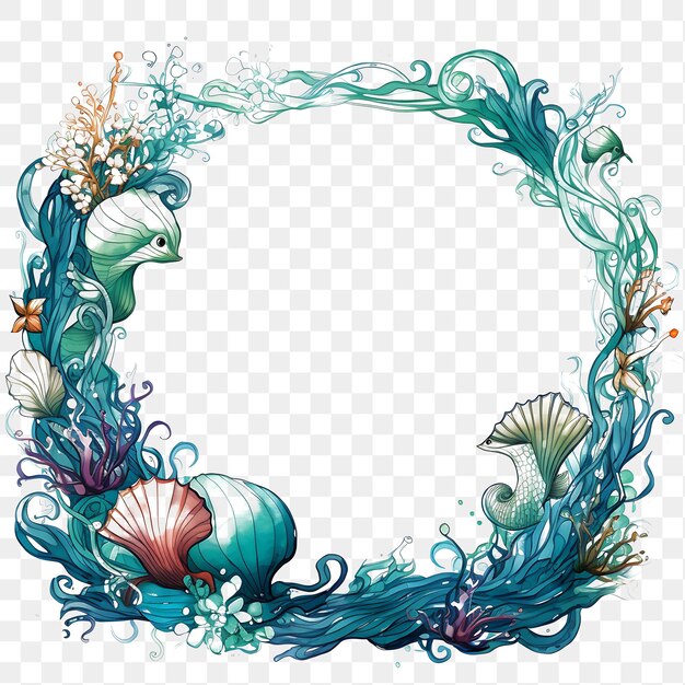PSD psd mythical scribbles serpentine frame avec mermaids sea creatu 2d frame design outline t-shirt il s'agit d'un t-shirt en forme de serpent avec des sirènes dans le cadre.
