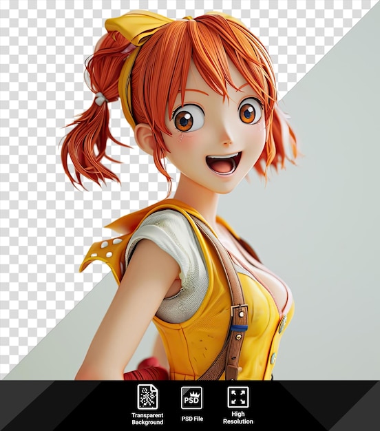 Psd Nami D'un Anime En Une Pièce Avec Des Cheveux Orange Et Des Yeux Bleus Portant Un Gilet Jaune Et Une Ceinture Brune Se Tient Devant Un Mur Blanc