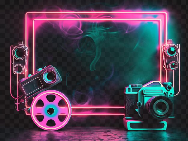 PSD psd neon seil lichtrahmen mit kameras und retro pink und teal c umriss collage art transparent