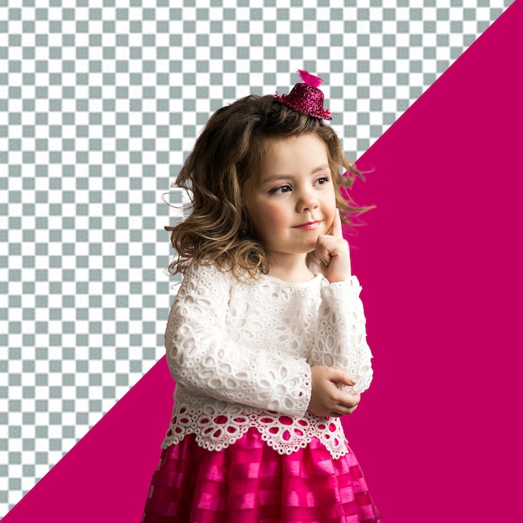PSD psd niña con un vestido rosado y un fondo transparente rosado
