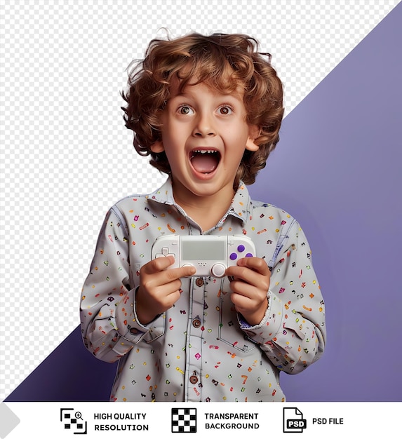 Psd niño emocionado descubriendo un nuevo juego invisible en su teléfono png