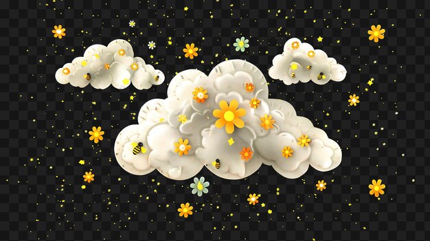 PSD psd nuage cirrocumulus joyeux avec des abeilles souriantes et une fleur sha y2k t-shirt lumineux au néon tatouage à l'encre