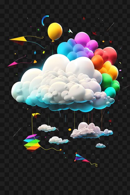 PSD psd nuage lenticulaire capricieux avec des ballons flottants et un t-shirt lumineux au néon coloré y2k art à l'encre de tatouage