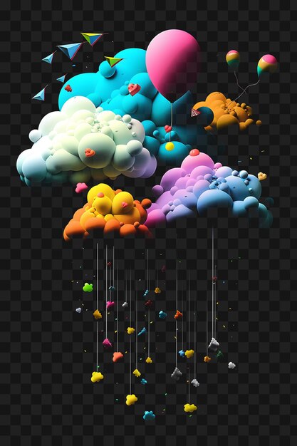 PSD psd nube lenticular caprichosa con globos flotantes y camiseta de brillo de neón de color y2k arte de tinta de tatuaje