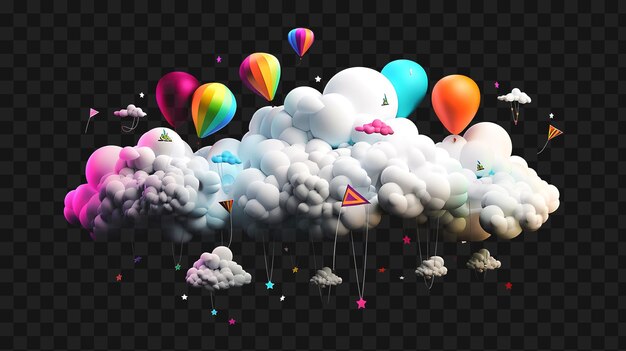 PSD psd nube lenticular caprichosa con globos flotantes y camiseta de brillo de neón de color y2k arte de tinta de tatuaje