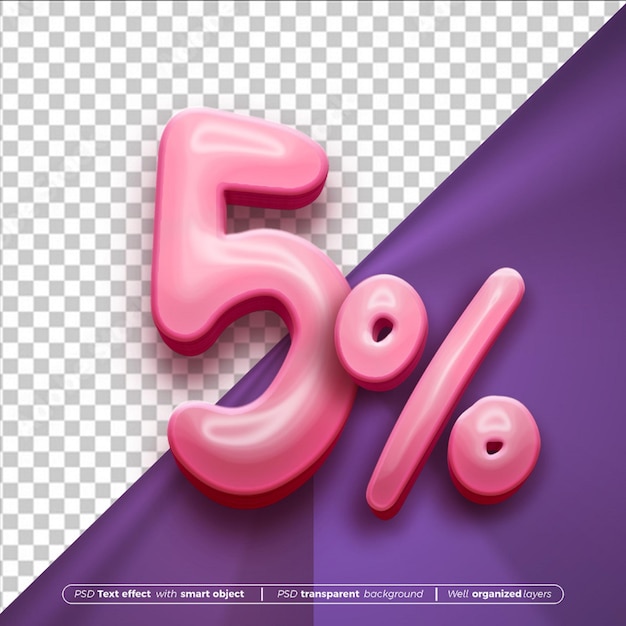 PSD números rosados oferta del 5 por ciento en 3d aislado del fondo