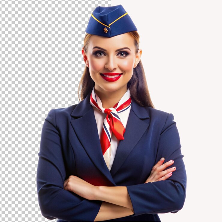 PSD psd of a flight attendant stewardess crossed arms isolated on transparent background