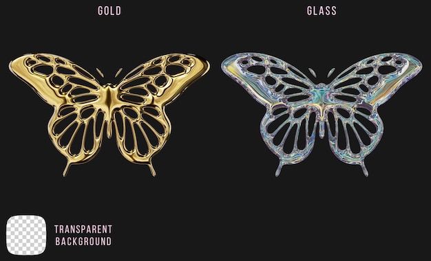 Psd oro e forma di farfalla in vetro a dispersione rendering 3D