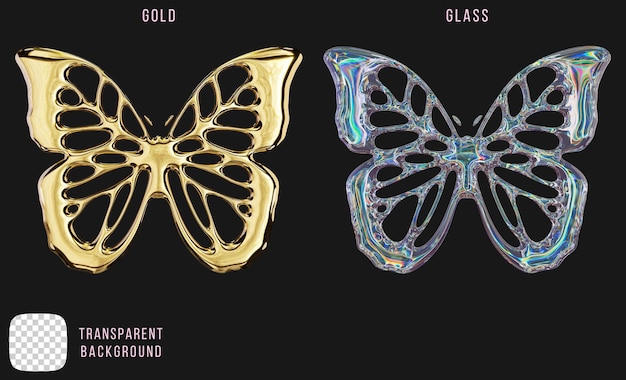 Psd oro e forma di farfalla in vetro a dispersione rendering 3D