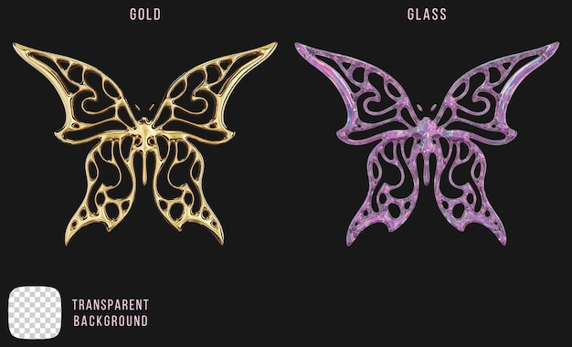 Psd oro e forma di farfalla in vetro a dispersione rendering 3D