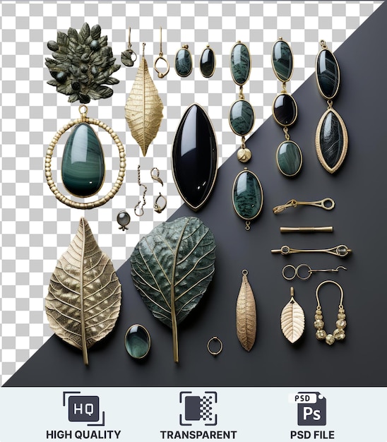 PSD psd avec des outils de conception de bijoux personnalisés transparents mis une boucle d'oreille en or et une feuille verte