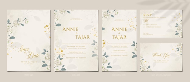 PSD paquete de invitaciones de boda verde con rsvp gracias y historia de Instagram