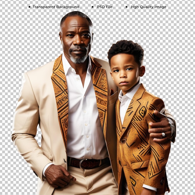 PSD Père américain attrayant avec son fils portant un fond transparent de style africain