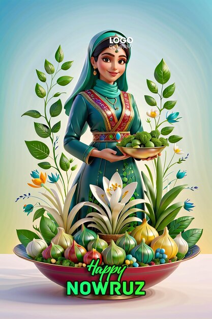 PSD psd persian new year a banner with a darkhaired girl in her hands and a vase with sprouted wheat