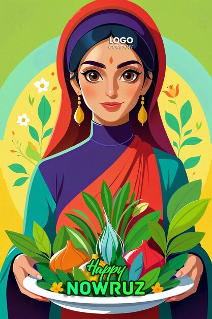 PSD psd persian new year a banner with a darkhaired girl in her hands and a vase with sprouted wheat