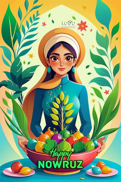 PSD psd persian new year a banner with a darkhaired girl in her hands and a vase with sprouted wheat