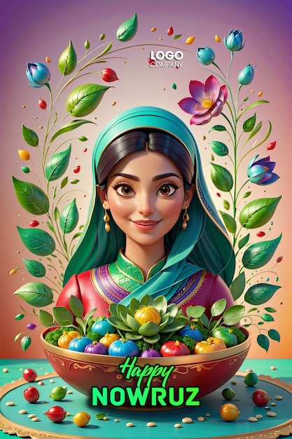 PSD psd persian new year a banner with a darkhaired girl in her hands and a vase with sprouted wheat