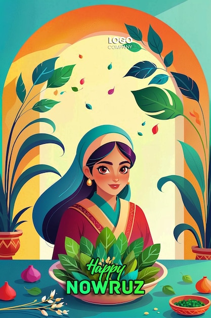 PSD psd persian new year a banner with a darkhaired girl in her hands and a vase with sprouted wheat