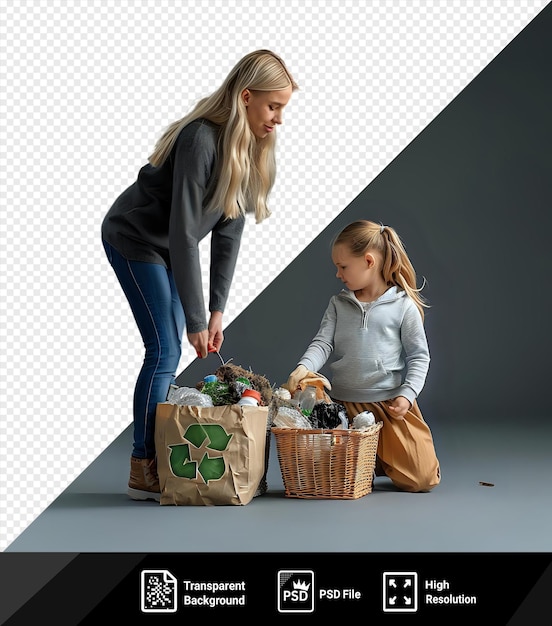 PSD psd picture blonde girl with eco symbol and her mom gathering garbage in the park png psd