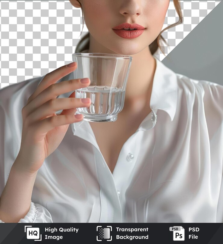 PSD psd picture close up of caucasian woman wear white blouse holding drinking water glass in her hand healthy lifestyle health care treatment concept