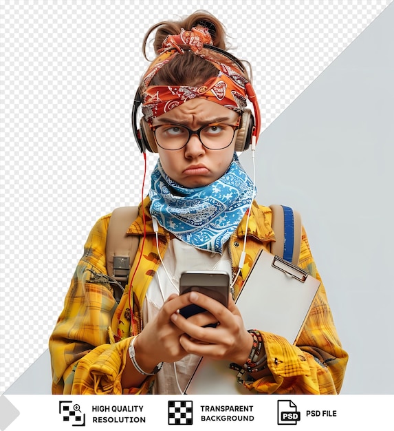 PSD psd picture frowning young female student wearing glasses bandana and headphones around neck holding note pads using mobile phone png