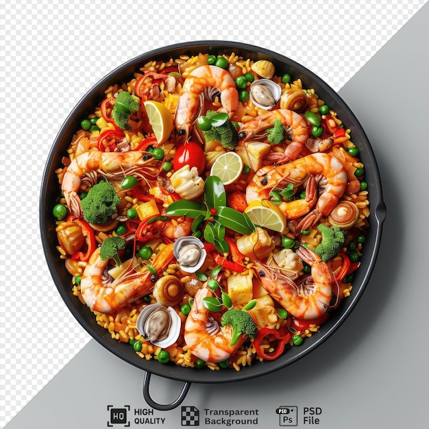 PSD psd picture seafood paella mockup with shrimp broccoli and lemons in a pan png psd
