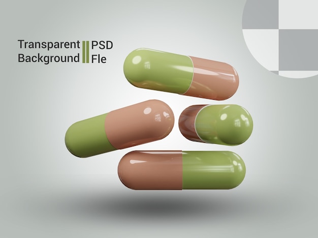 PSD Pillole medicinali capsule stack 3D rese con elementi grafici di sfondo trasparenti
