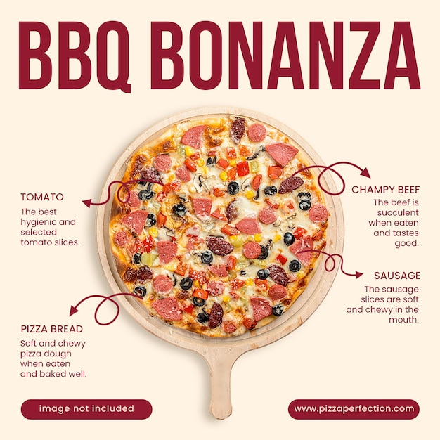 PSD Pizza BBQ bonanza en el fondo de crema plantilla de publicación de Instagram