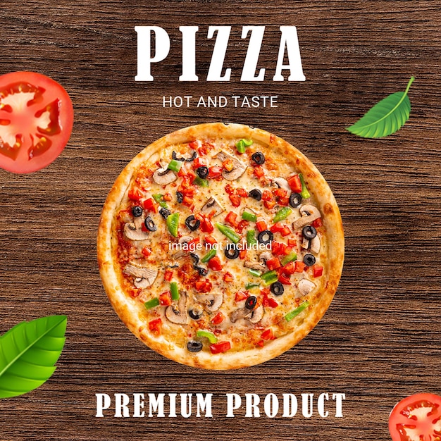 PSD Pizza heiß und schmecken Premium-Produkt auf Holz-Hintergrund Instagram-Post-Vorlage