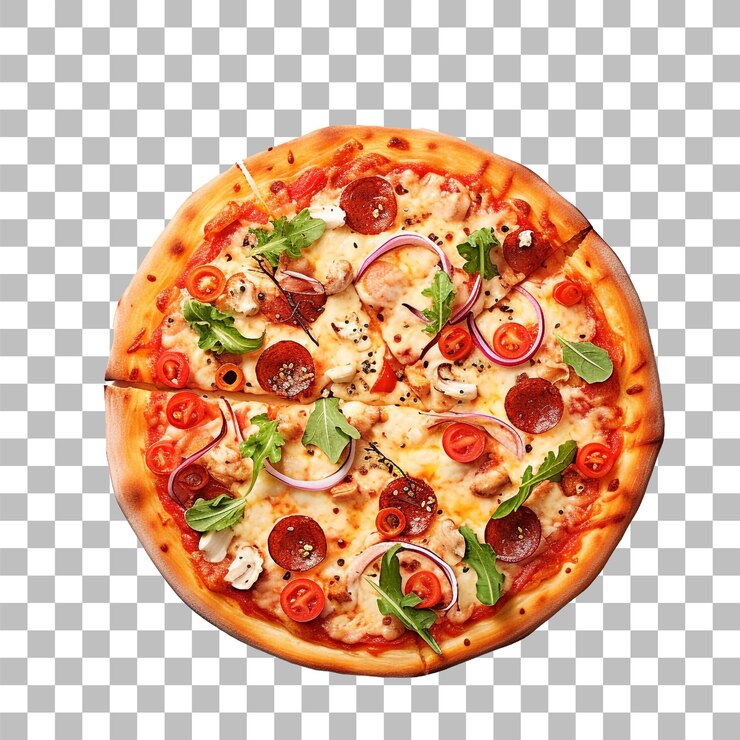 PSD una pizza con tomates, setas y albahaca en una superficie a cuadros con fondo transparente