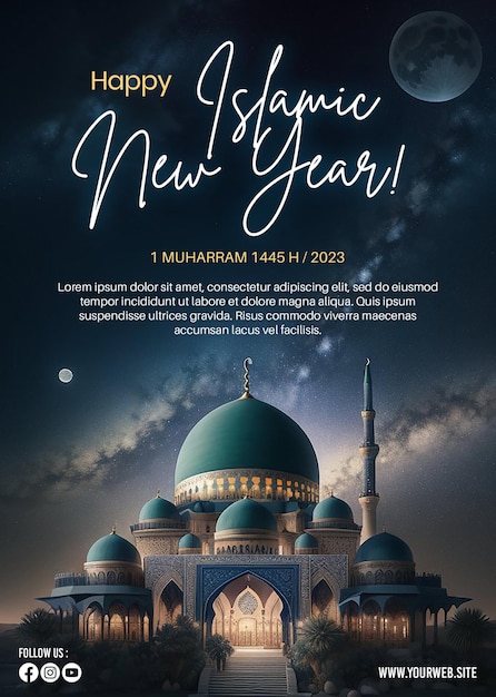 PSD psd-plakat für ein frohes islamisches neujahr mit einem moschee-hintergrund und dem kreativen ki-bild des nachthimmels