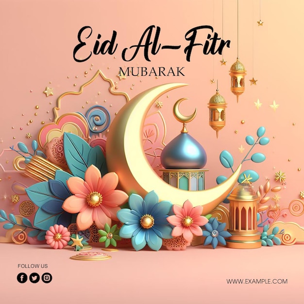 Psd plantilla de póster de eid al fitr y plantilla de publicación de redes sociales de eid mubarak