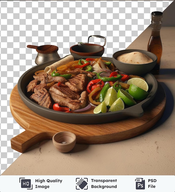 Psd Avec Un Plateau De Fajitas Brûlant Transparent Sur Une Planche à Couper En Bois