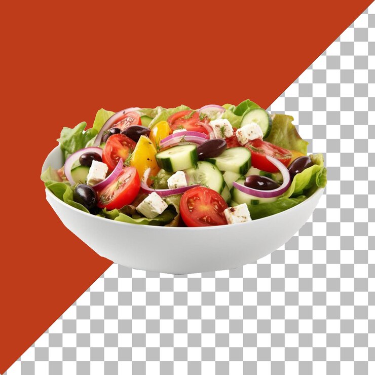 PSD un plato de ensalada con un fondo rojo con un borde blanco con un fondo transparente