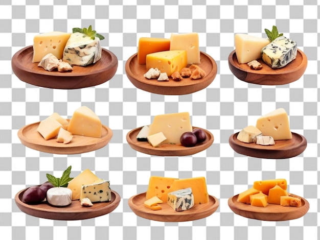 PSD psd de un plato de madera trozos de queso de diferentes colores