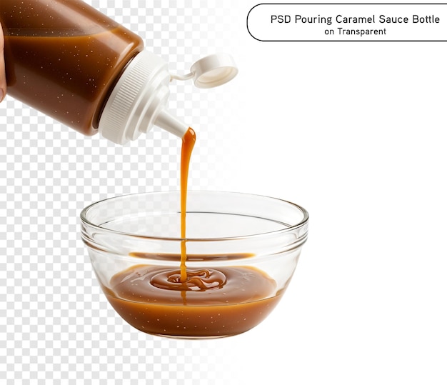 PSD y PNG Verter salsa de caramelo de una botella aislada sobre un fondo transparente