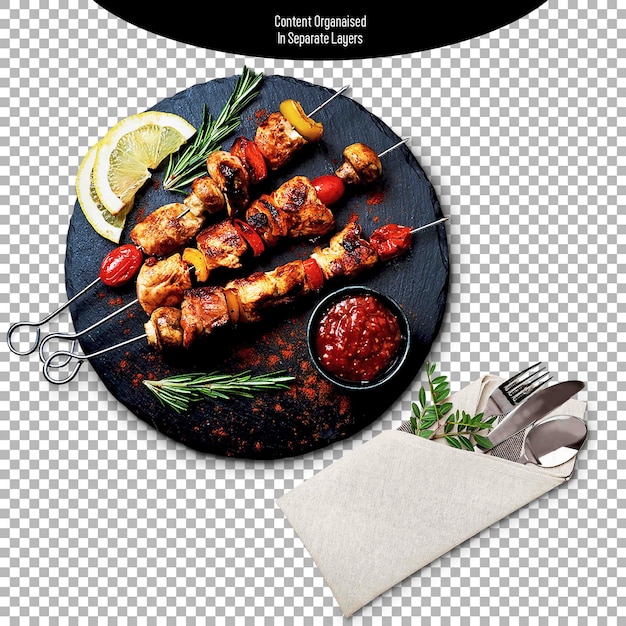 PSD Pollo BBQ Kabab in piatto isolato su sfondo trasparente