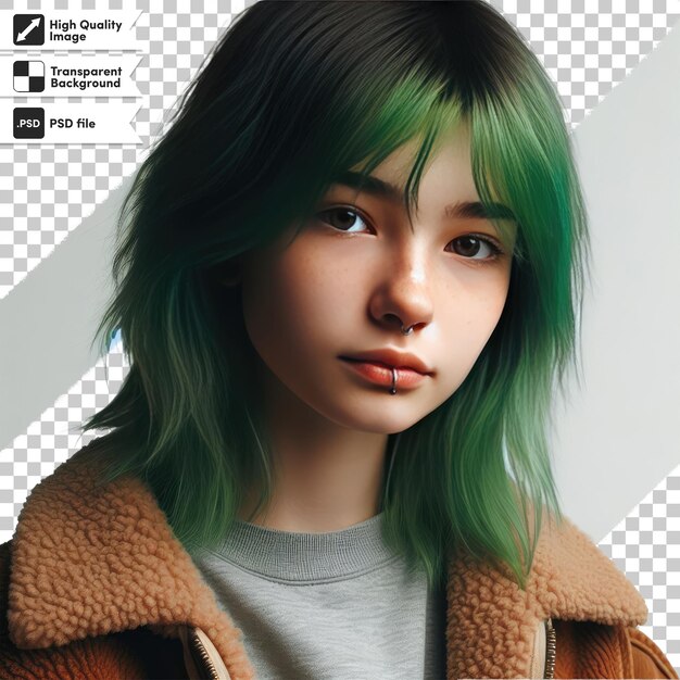Psd-porträt einer frau mit grünen haaren auf transparentem hintergrund mit bearbeitbarer maskenschicht