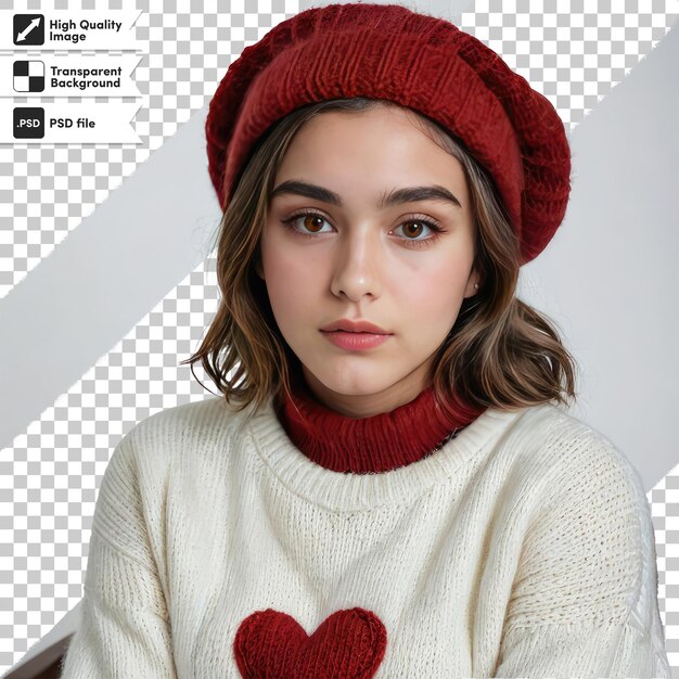 PSD portrait of a woman with winter cap on transparent background with editable mask layer