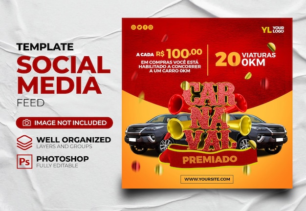 PSD psd post feed carnival oferta en 3d para campaña de marketing en portugués