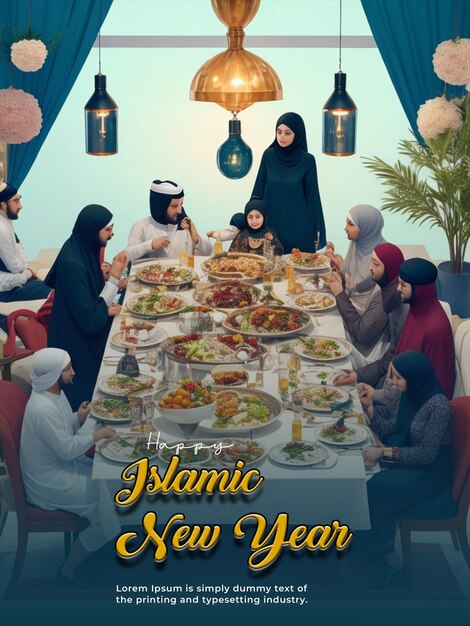 PSD psd-poster zum islamischen neujahr mit einer familie, die sich um einen tisch versammelt, um eine mahlzeit zu teilen